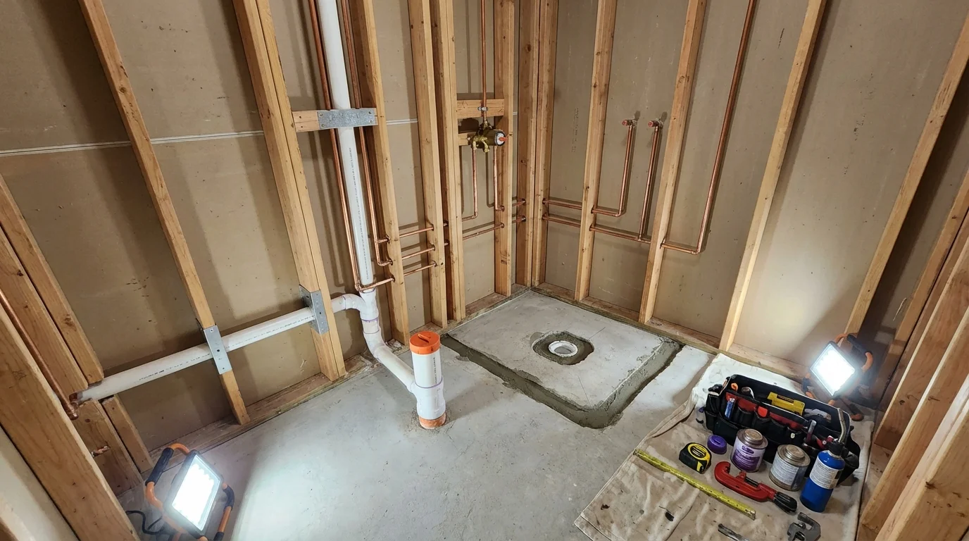 Bathroom rough-in plumbing during remodel by Johns Plumbing LLC in Nezperce