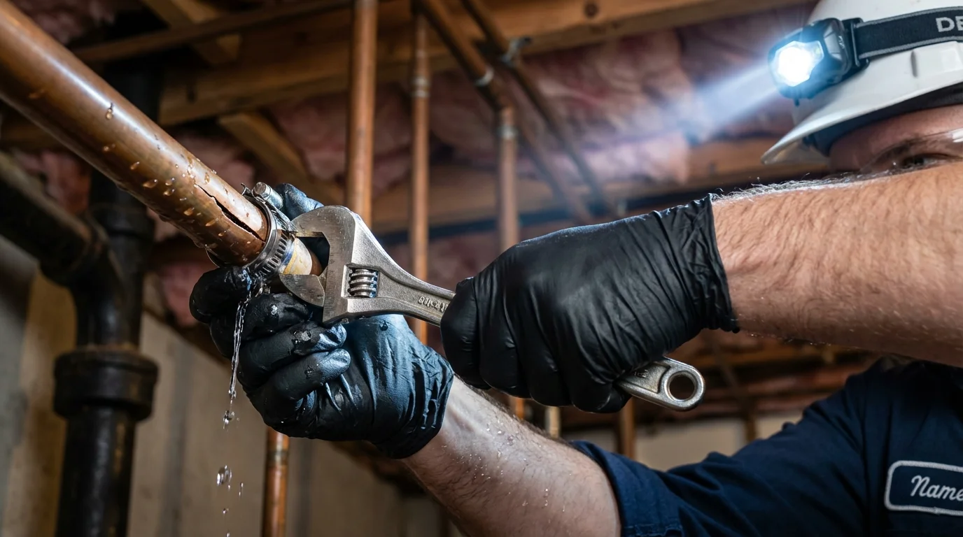 Emergency pipe clamp repair being performed by a Johns Plumbing LLC plumber in Nezperce