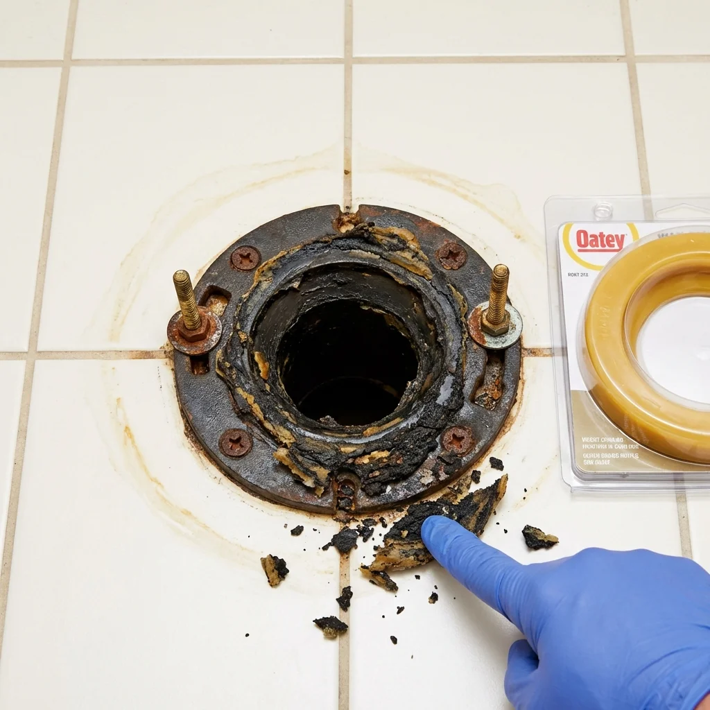 Failed wax ring showing water seepage at the base of a toilet in a Nezperce, ID home